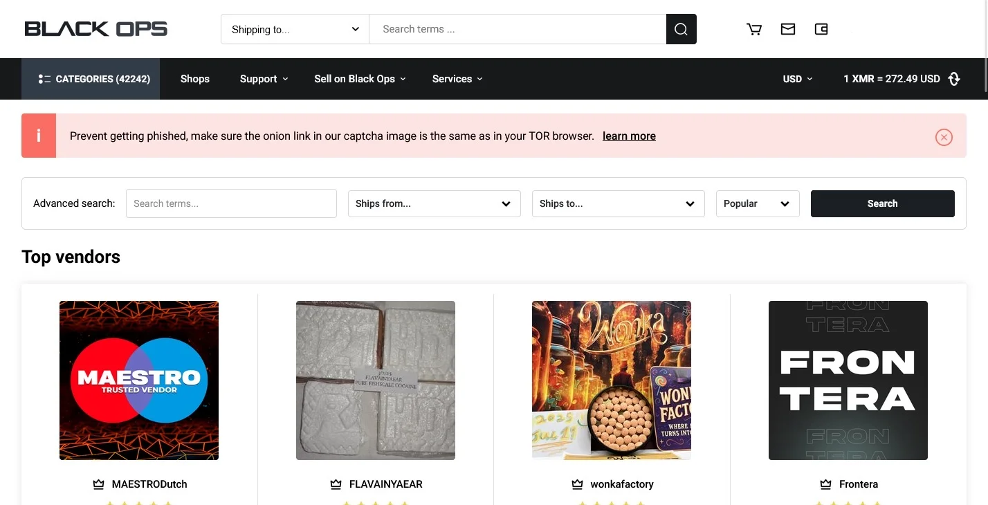 Black Ops Market interface showing product categories and vendor dashboard