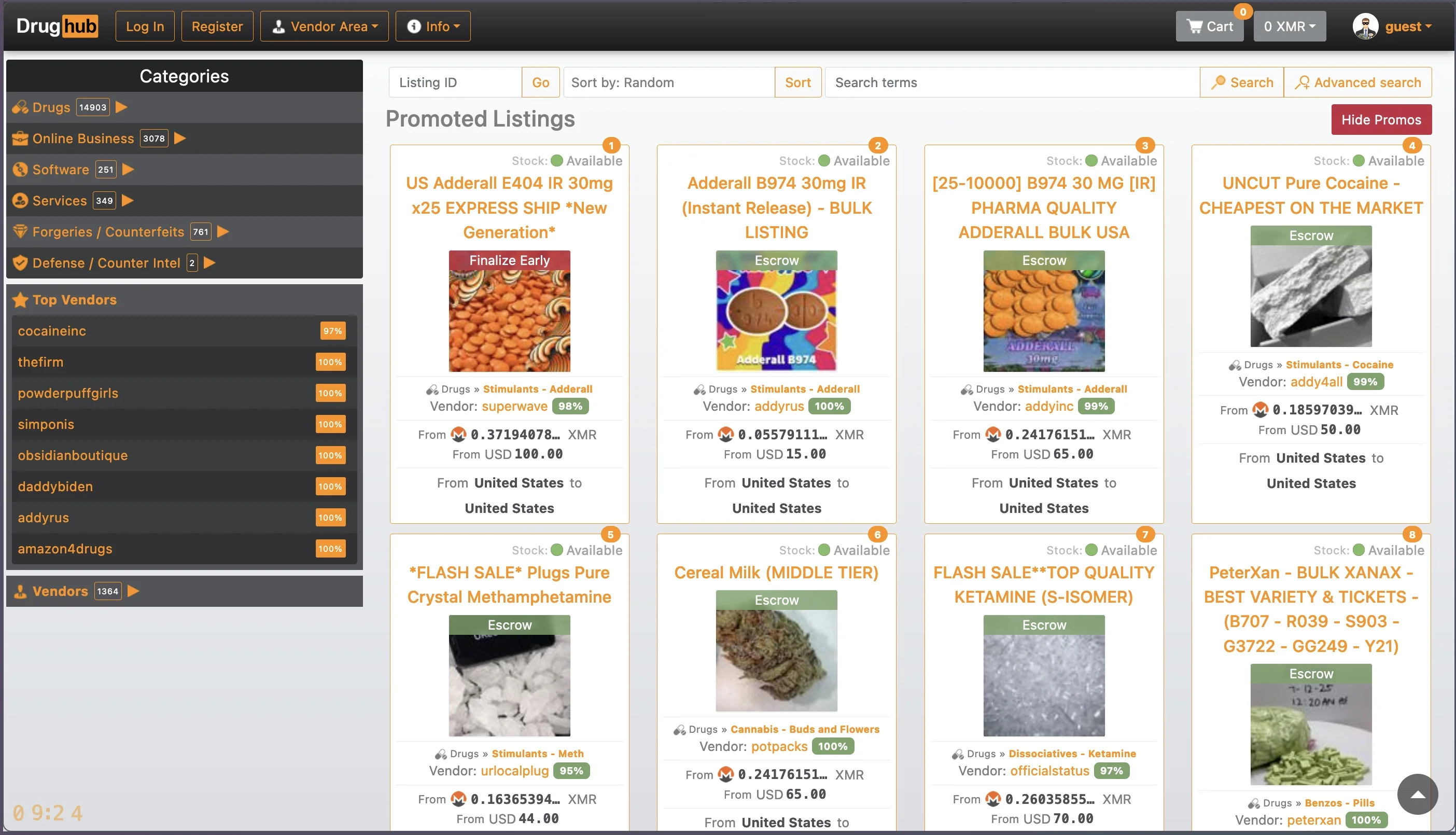 DrugHub Market interface and vendor listings dashboard