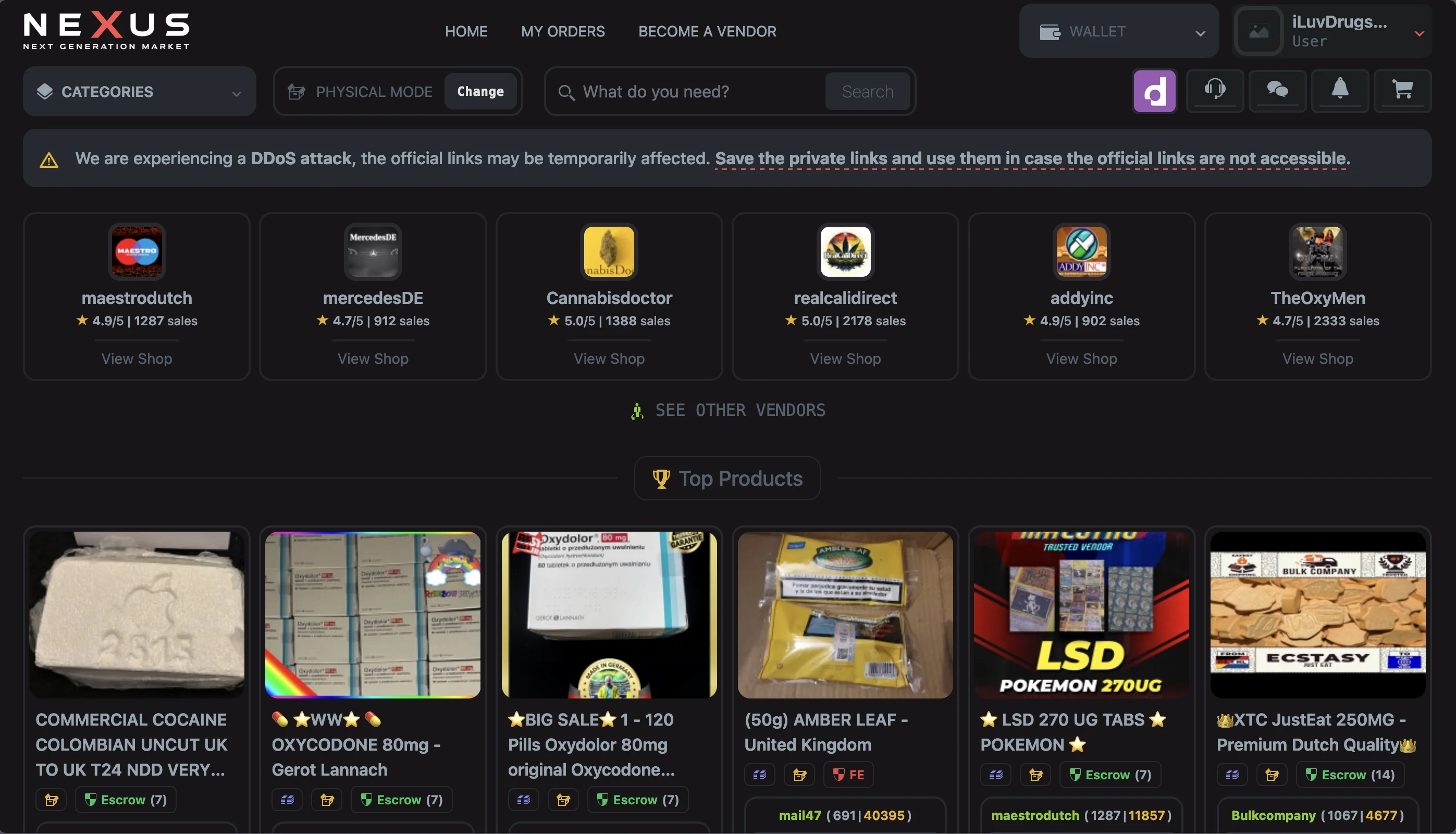 Nexus Market darknet marketplace interface screenshot showing main dashboard and product listings