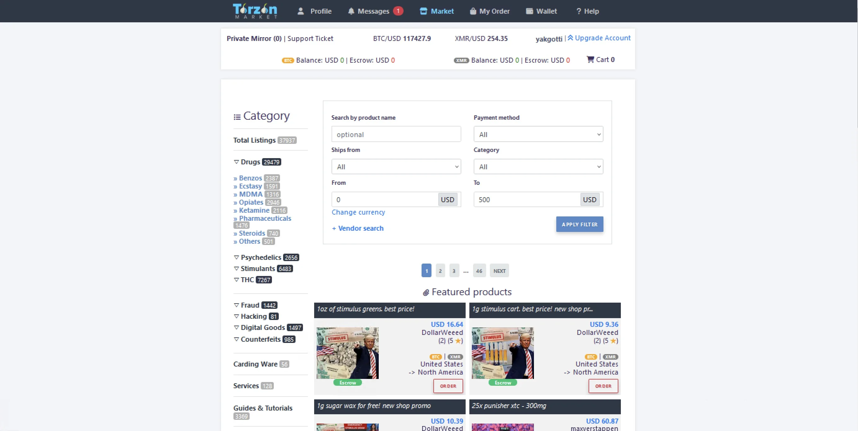 TorZon Market darknet marketplace interface screenshot showing main dashboard
